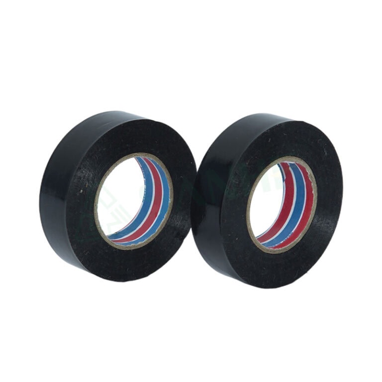 Two black PVC electrical tape rolls with colored inner cores, ideal for electrical insulation and wiring projects.